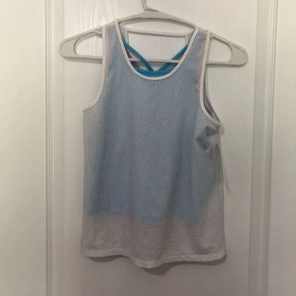 ID Ideology Kids Tank Top Small Bright White Blue Mesh Sleeveless Activewear NWT